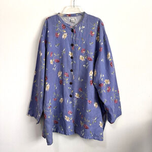 Laissez Faire Tunic Shirt 2 / 2X Blue Floral Linen Lagenlook Vintage Relaxed